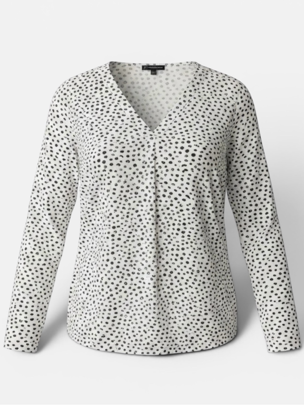 Adrianna Papell White V-Neck Long Sleeve Top with Black Dot Print